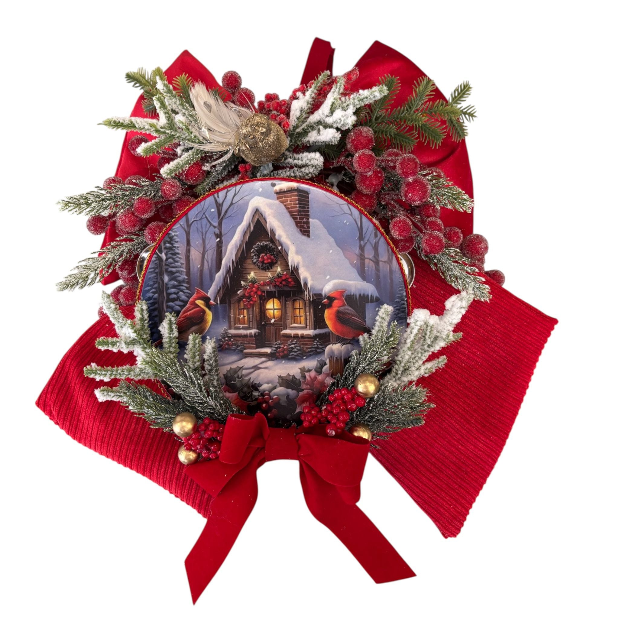 Fiocco Natalizio in Velluto Rosso con Tamburo e Tralci Innevati - Madame Maison