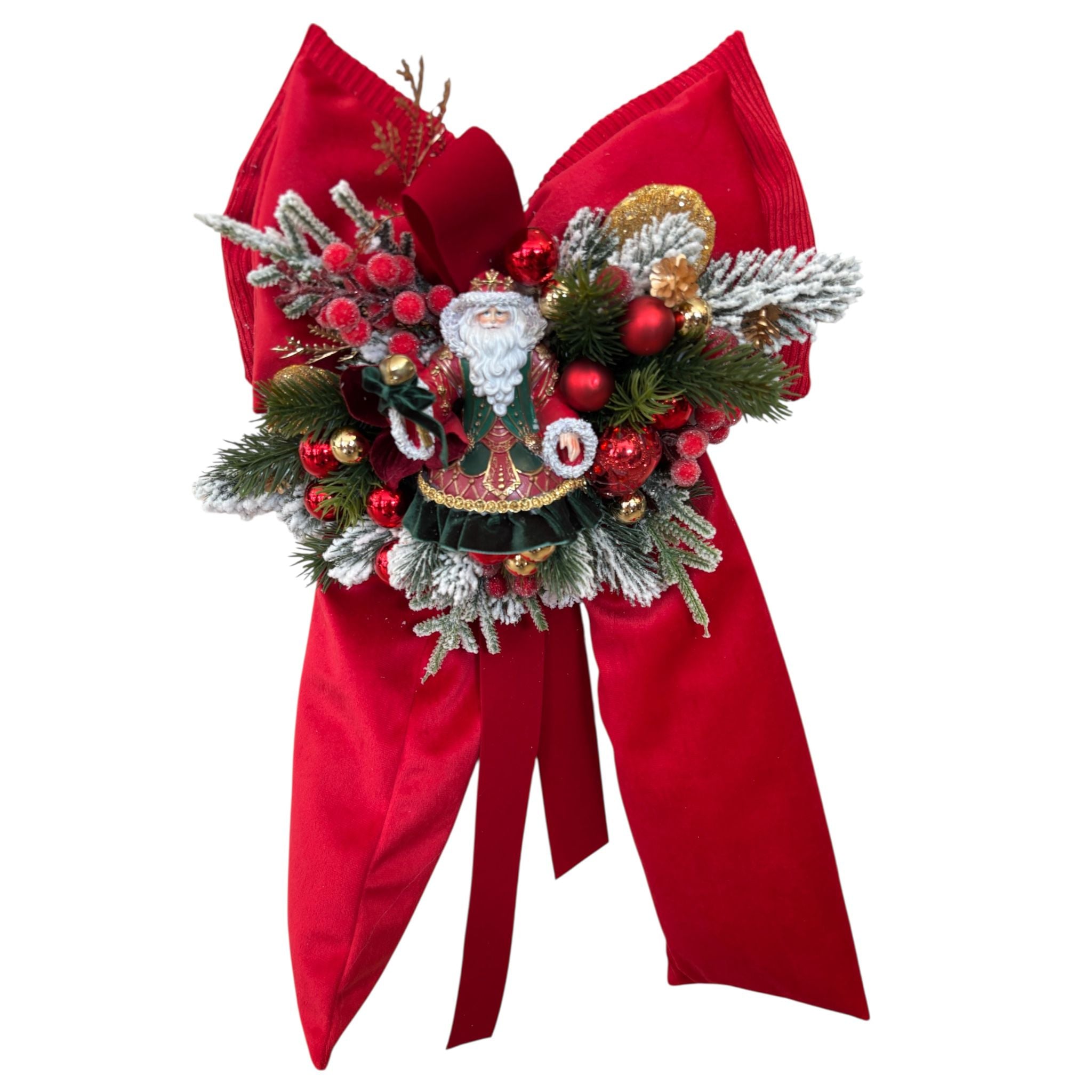 Fiocco Natalizio in Velluto Rosso con Babbo Natale e Tralci Innevati - Madame Maison