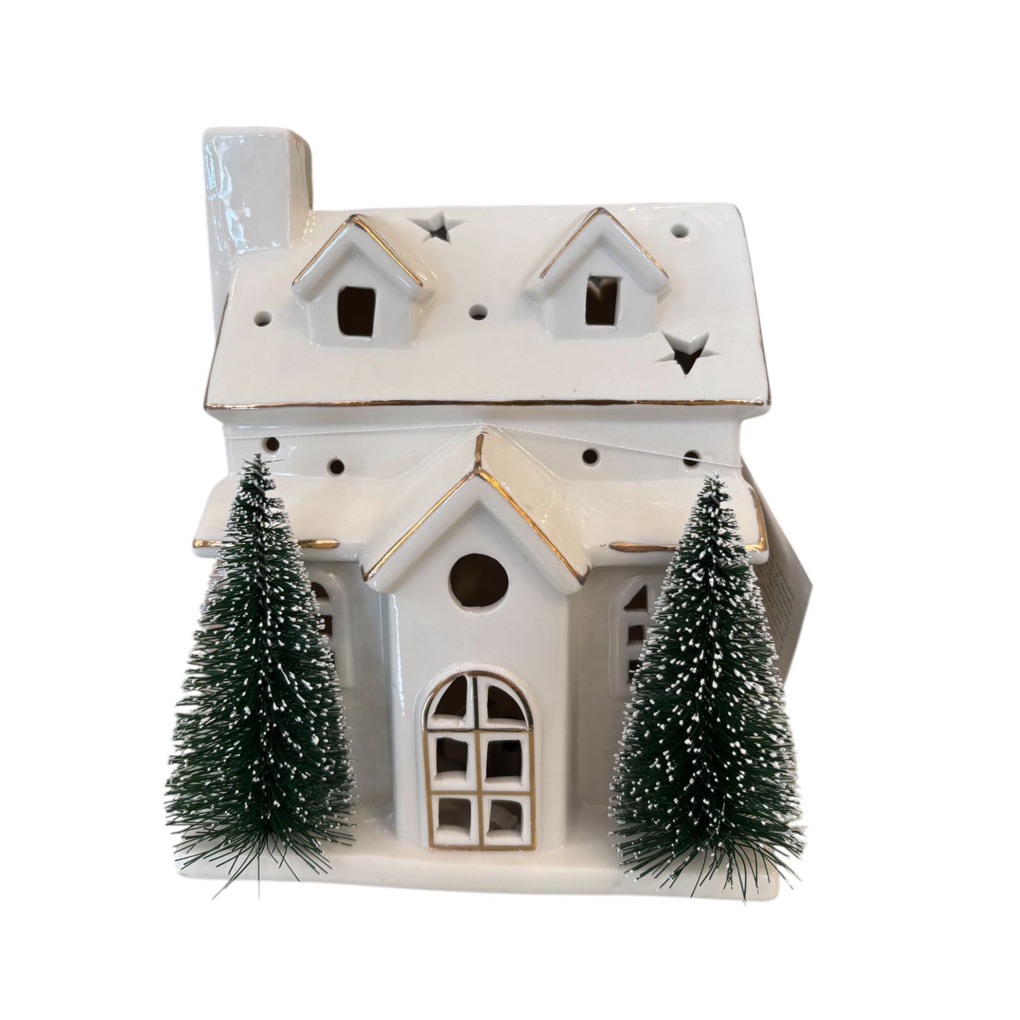 Casetta Illuminata in Ceramica Bianca con Led e Dettagli Oro - Fade