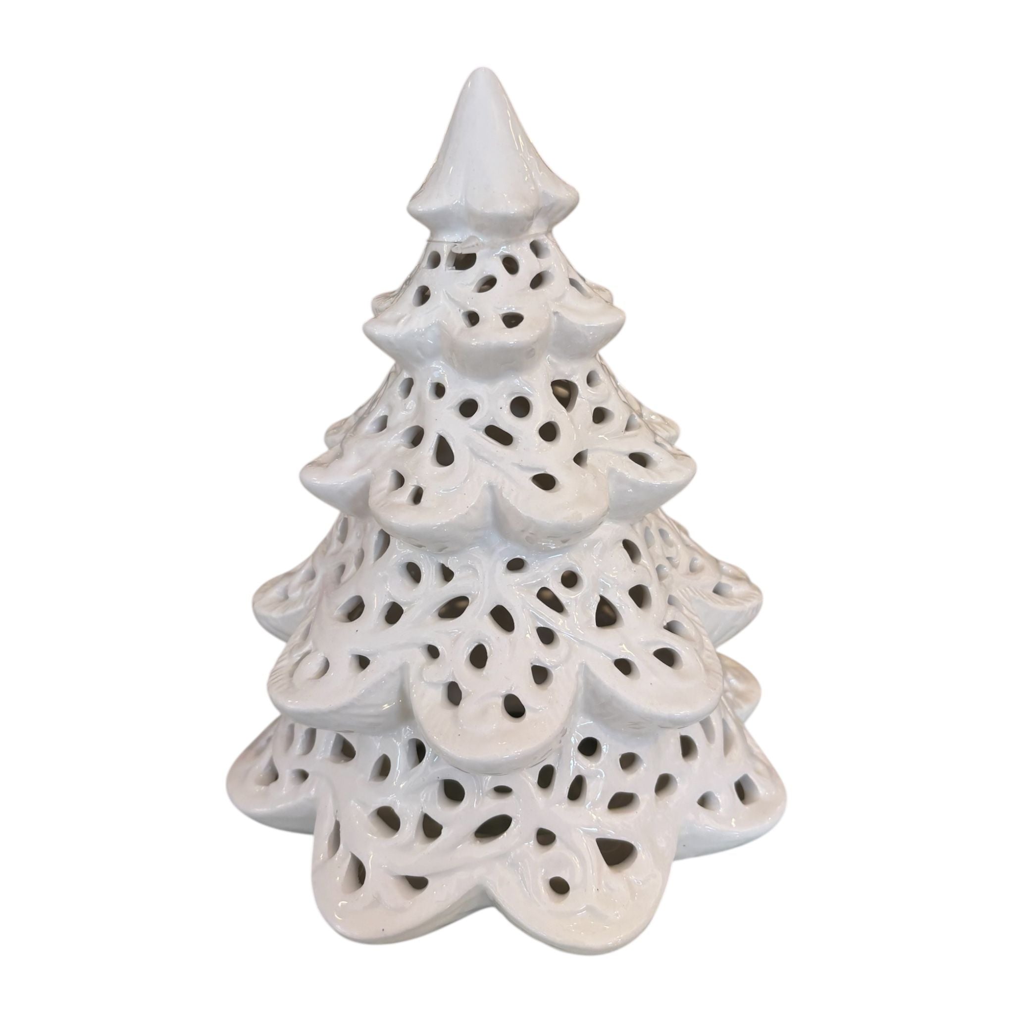 Porta Candela Alberello Traforato in Ceramica Bianca 15 h cm - L'arte di Nacchi