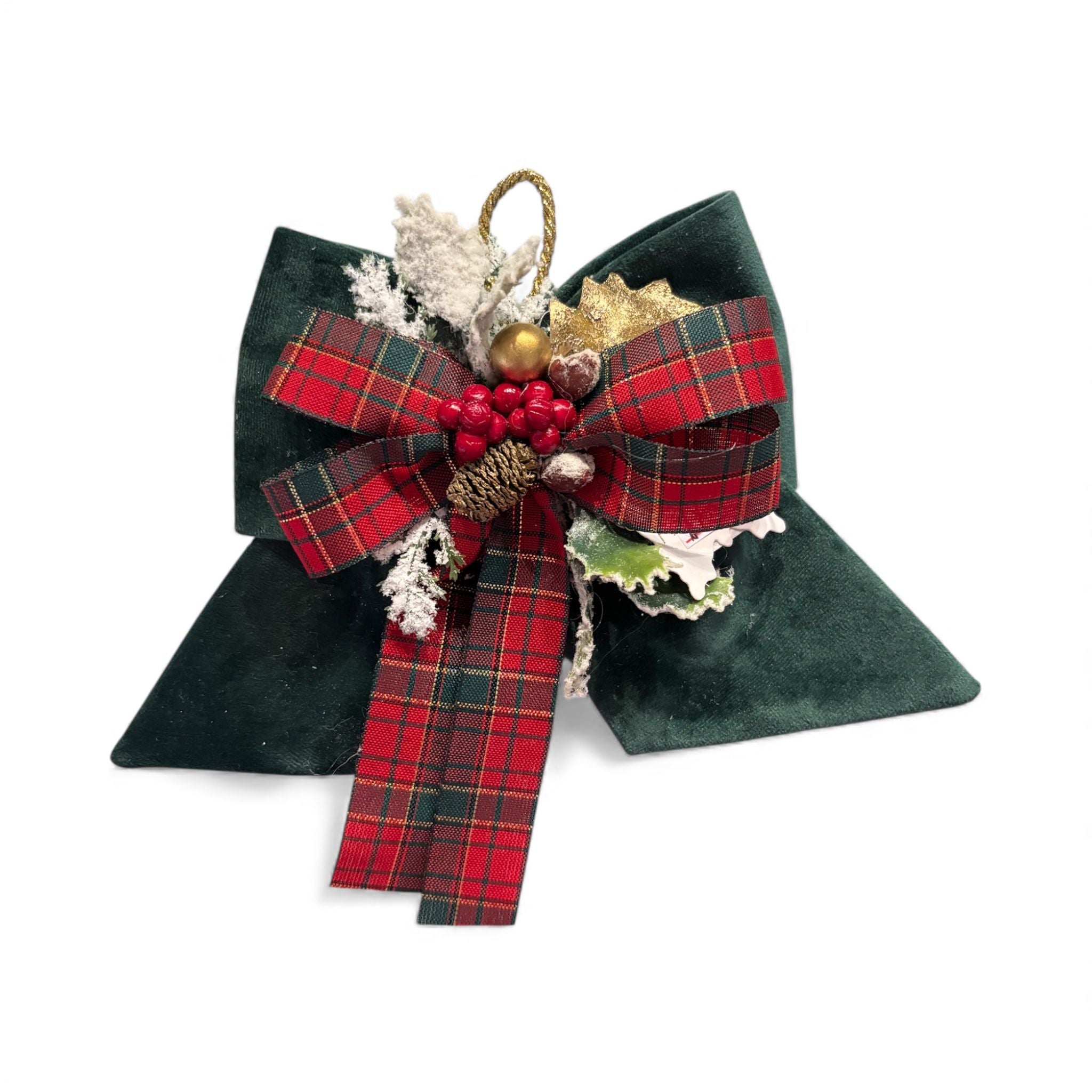 Fiocco Natalizio in Velluto Verde con Dettagli Tartan - Fiori di Lena
