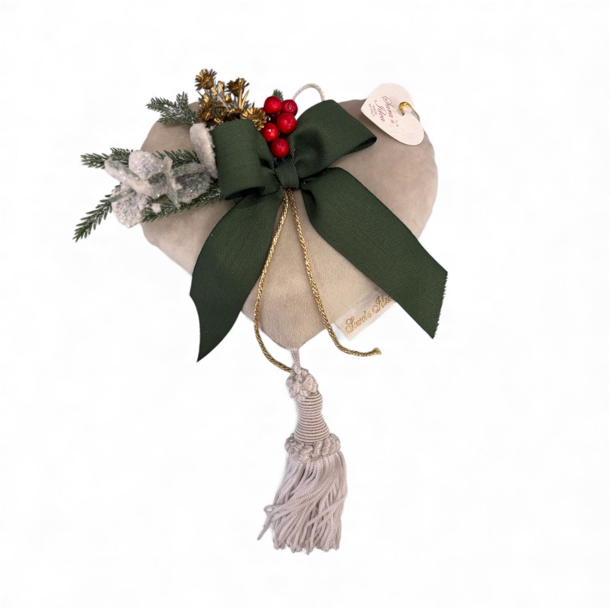 Cuore in Tessuto Ecrù con Fiocco Verde e Bacche – Sara’s Idea