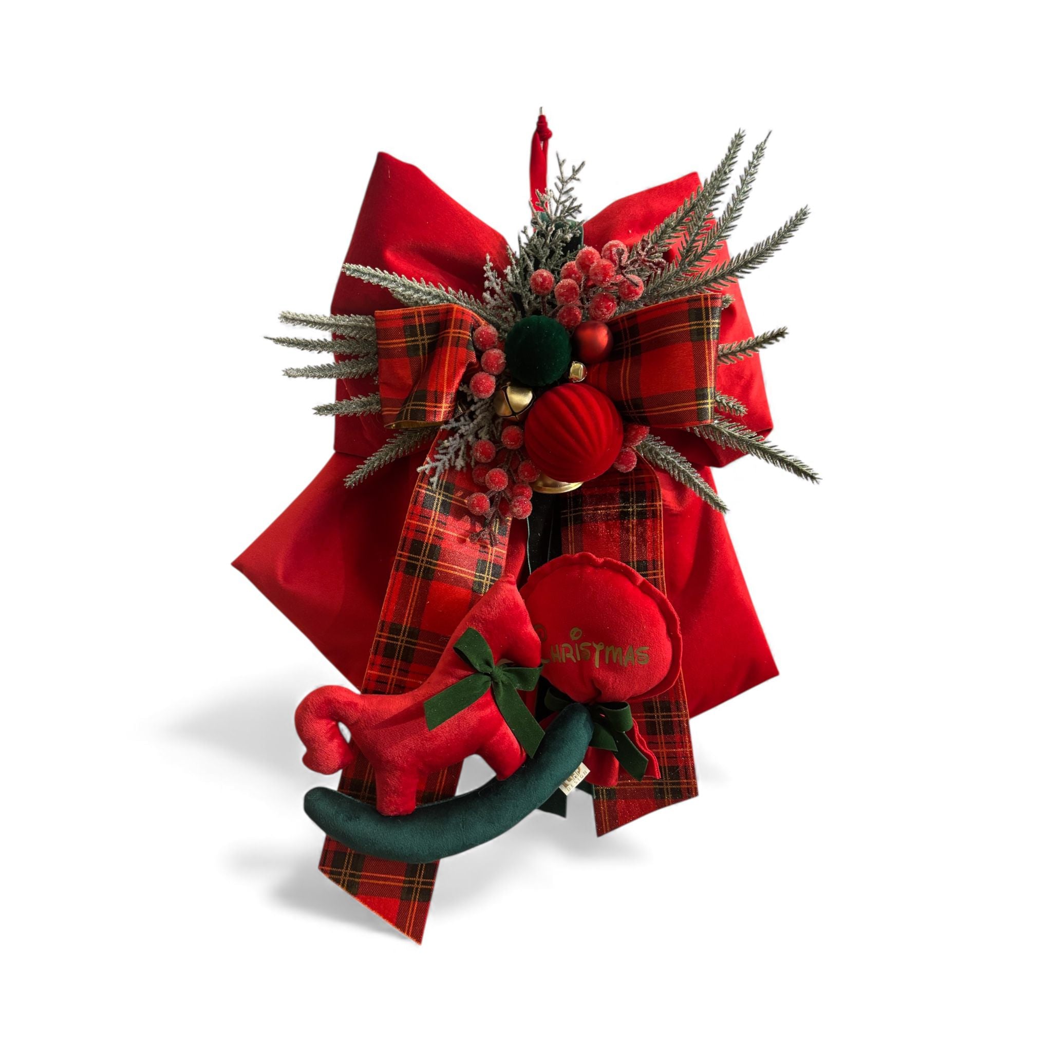 Doppio Fiocco in Velluto Rosso e Tartan 40 cm - Madame maison