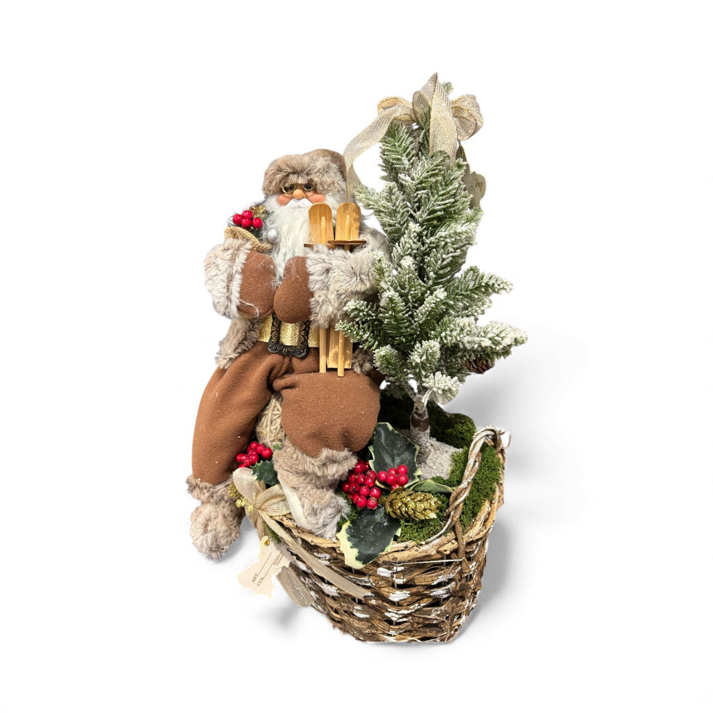 Babbo Natale Decorativo con Cestino in Vimini e Alberello Innevato - Fiori di Lena
