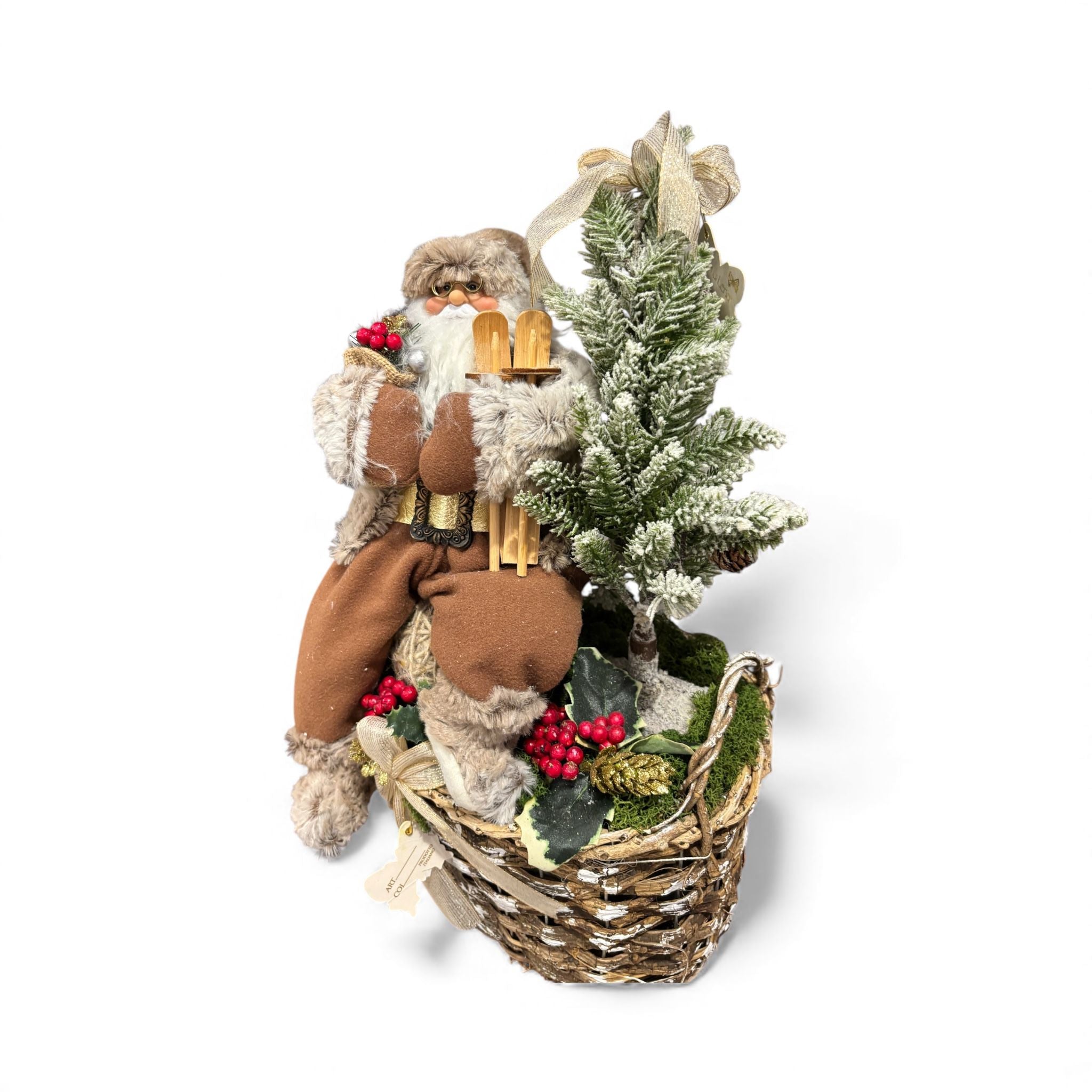 Babbo Natale Decorativo con Cestino in Vimini e Alberello Innevato - Fiori di Lena