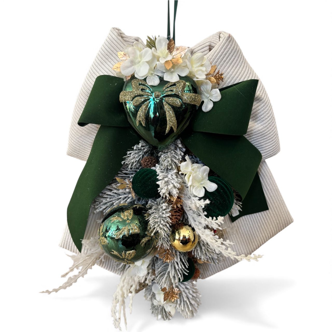 Fiocco Natalizio in Velluto Avorio con Decorazioni Verdi e Oro - Madame Maison