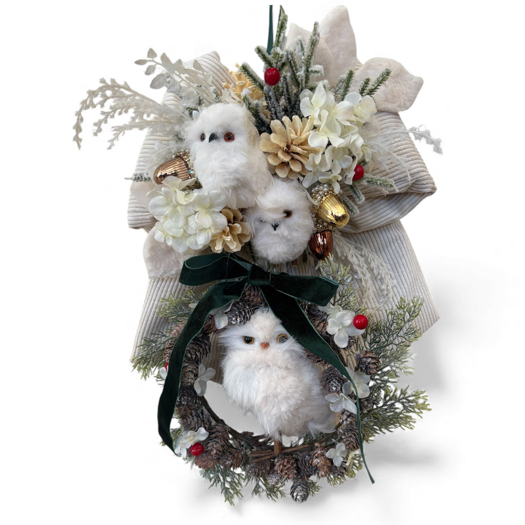 Fiocco Natalizio in Velluto Avorio con Civette e Decorazioni Artigianali - Madame Maison