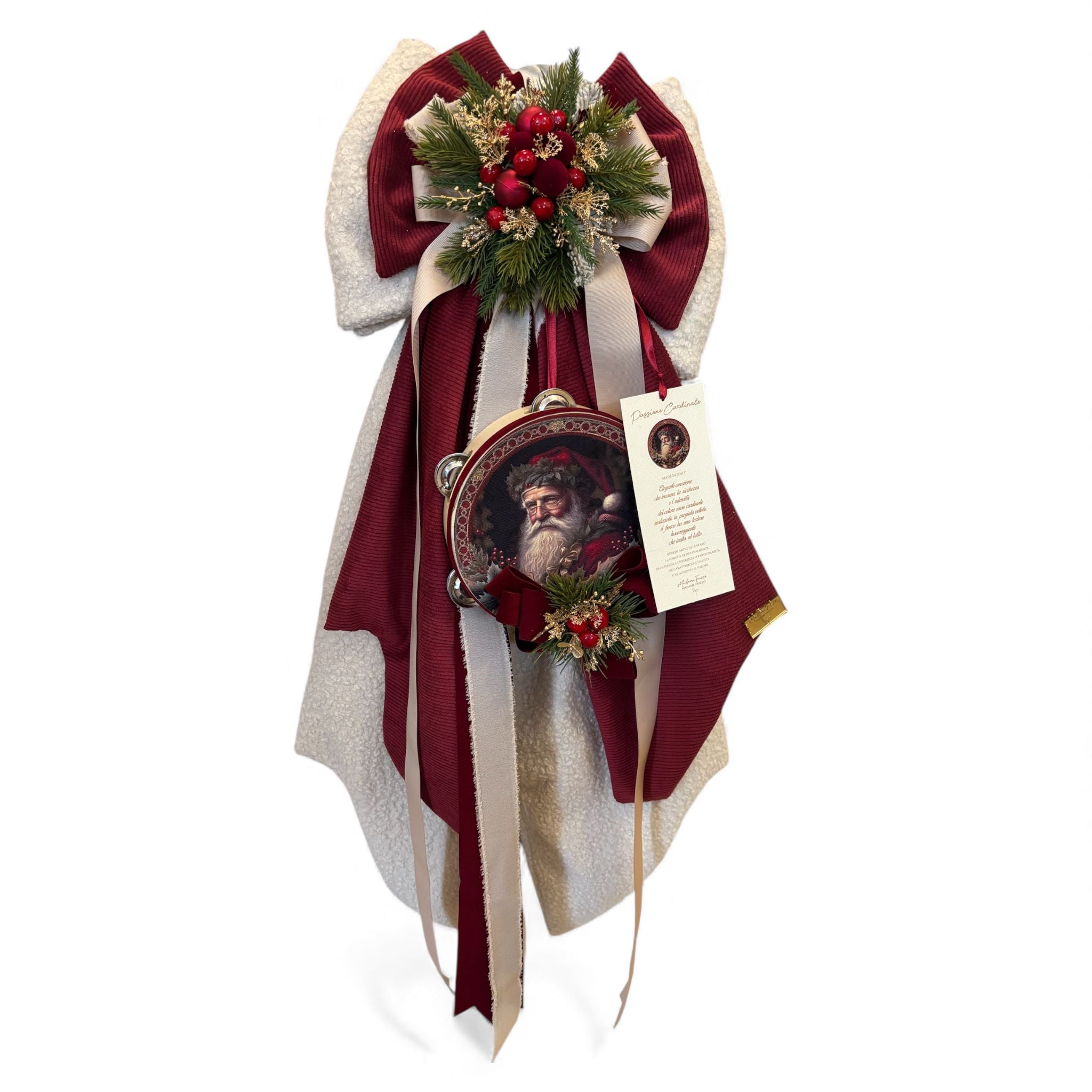 Doppio Fiocco in Velluto e Lana con Tamburo Babbo Natale 80 cm - Madame Fioccò