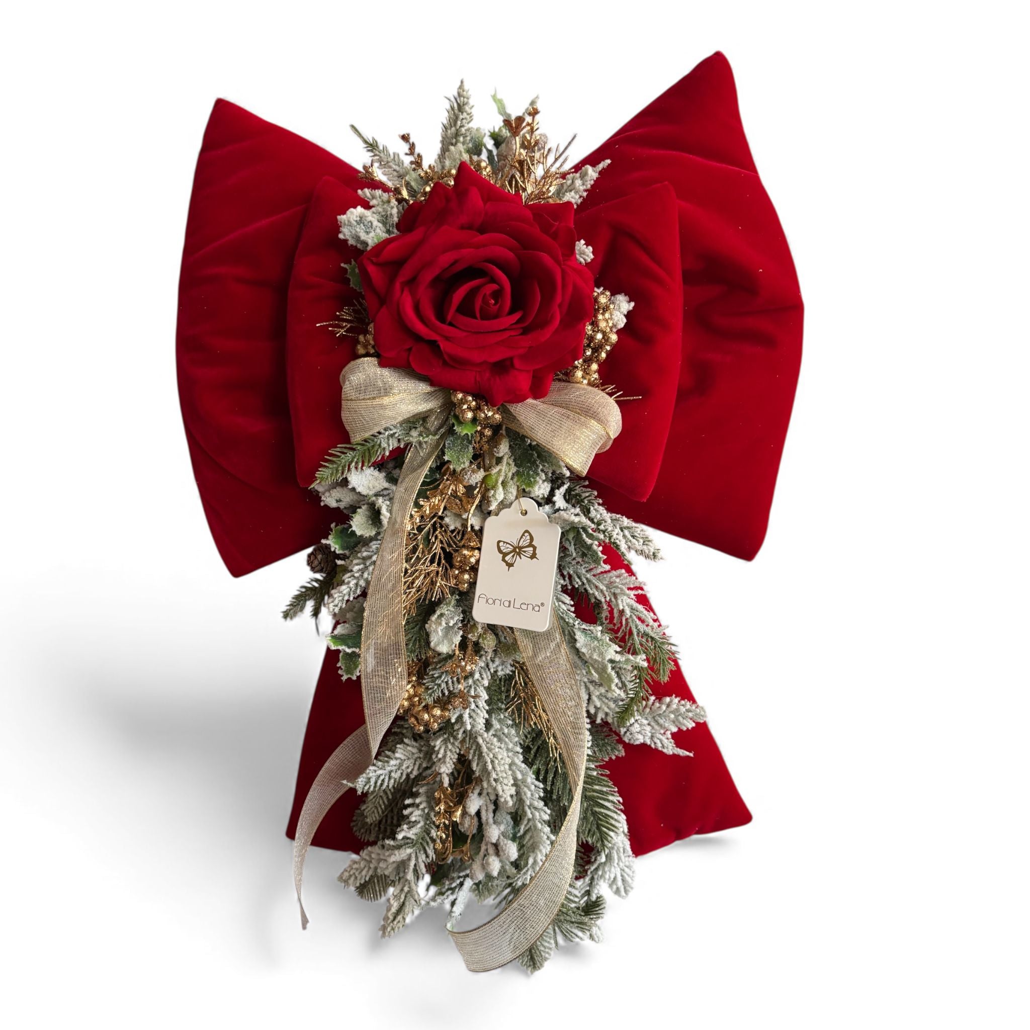 Doppio Fiocco Rosso con Rosa Centrale, Rami Innevati e Nastro Oro - Fiori di Lena