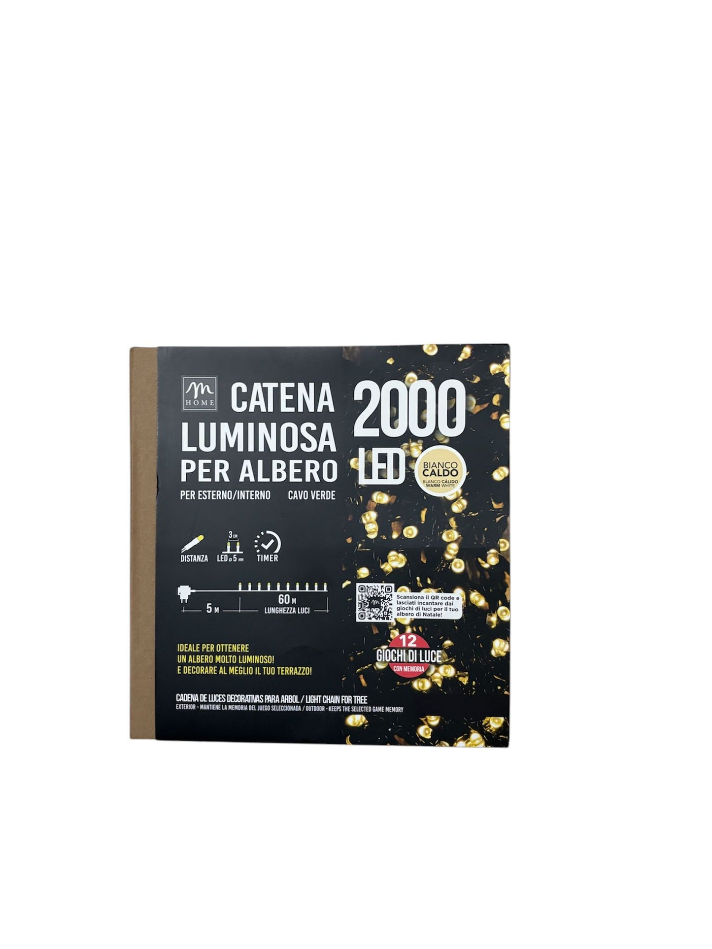 Catena Luminosa con 2000 LED a Luce Bianca Calda  - 60 Metri, 12 Giochi di Luce