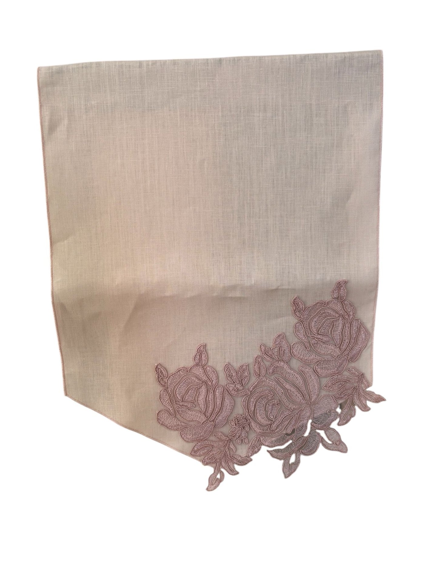 Runner in Lino Rosa con Ricamo 58x30 cm  – Fiori di Lena