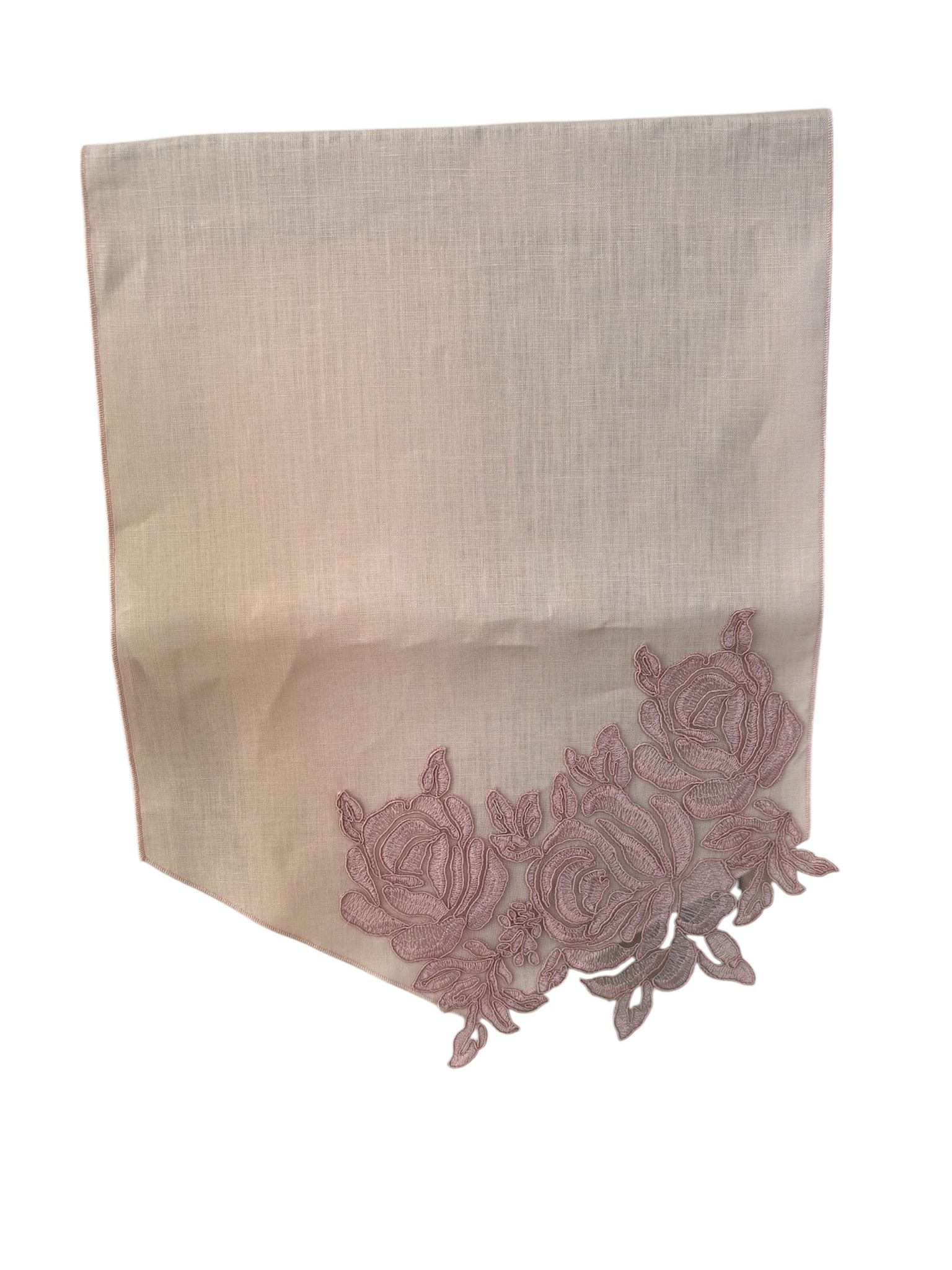 Runner in Lino Rosa con Ricamo 58x30 cm  – Fiori di Lena
