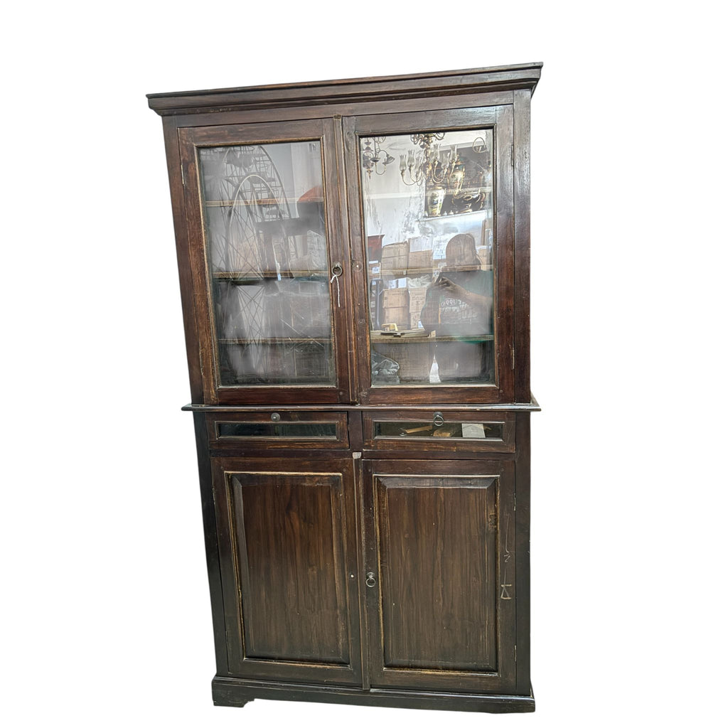 Credenza in Legno Massello di Sheesham con Ante in Vetro 188 h cm– Da Restaurare