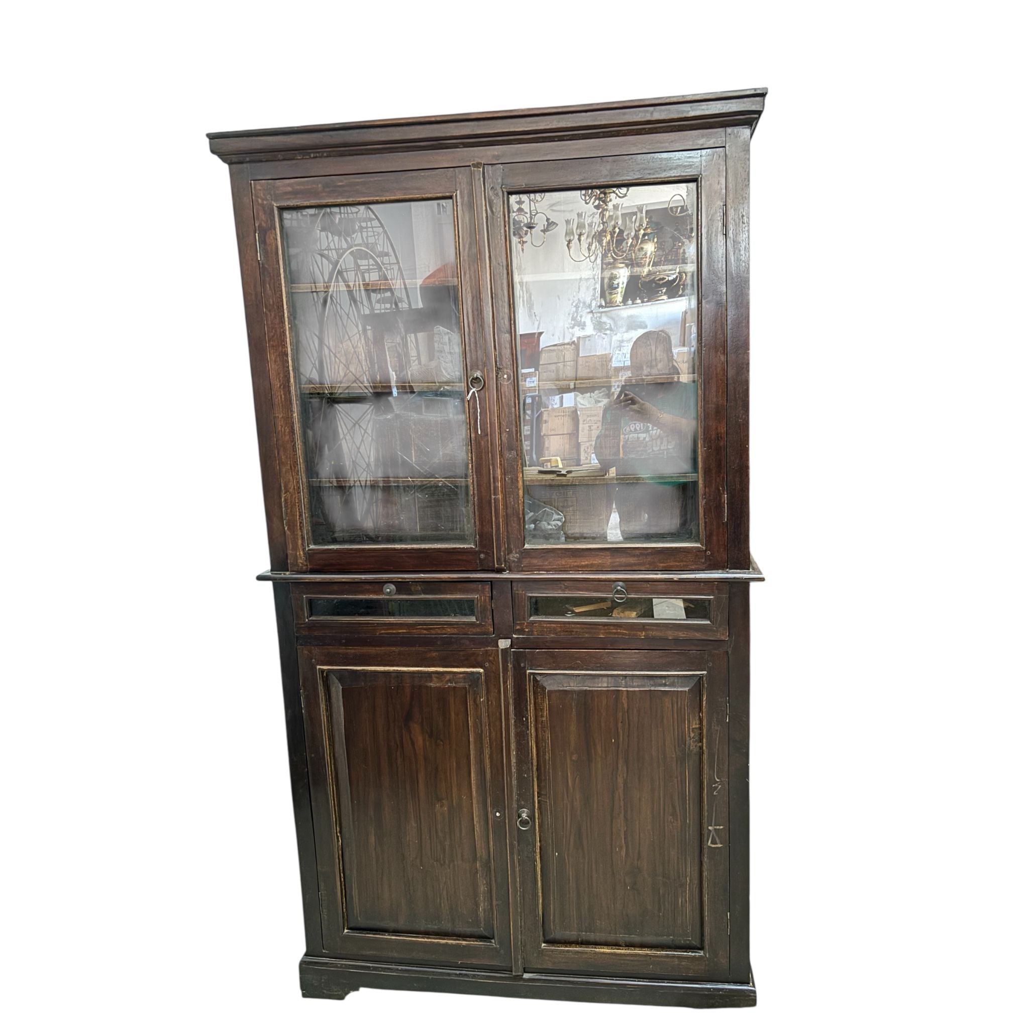 Credenza in Legno Massello di Sheesham con Ante in Vetro 188 h cm– Da Restaurare
