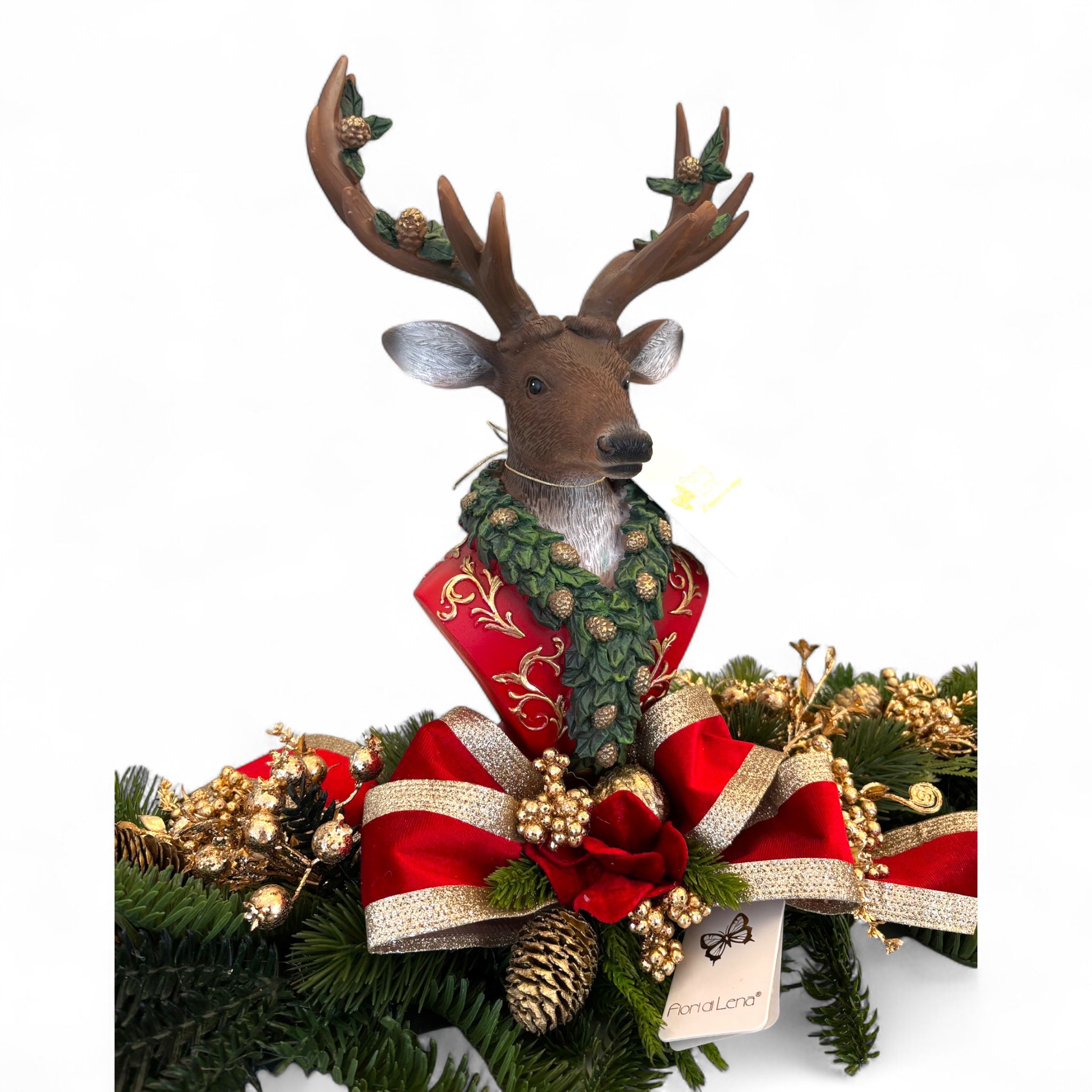 Centrotavola Natalizio con Busto di Renna e Rami Decorati 85 cm - Fiori di Lena