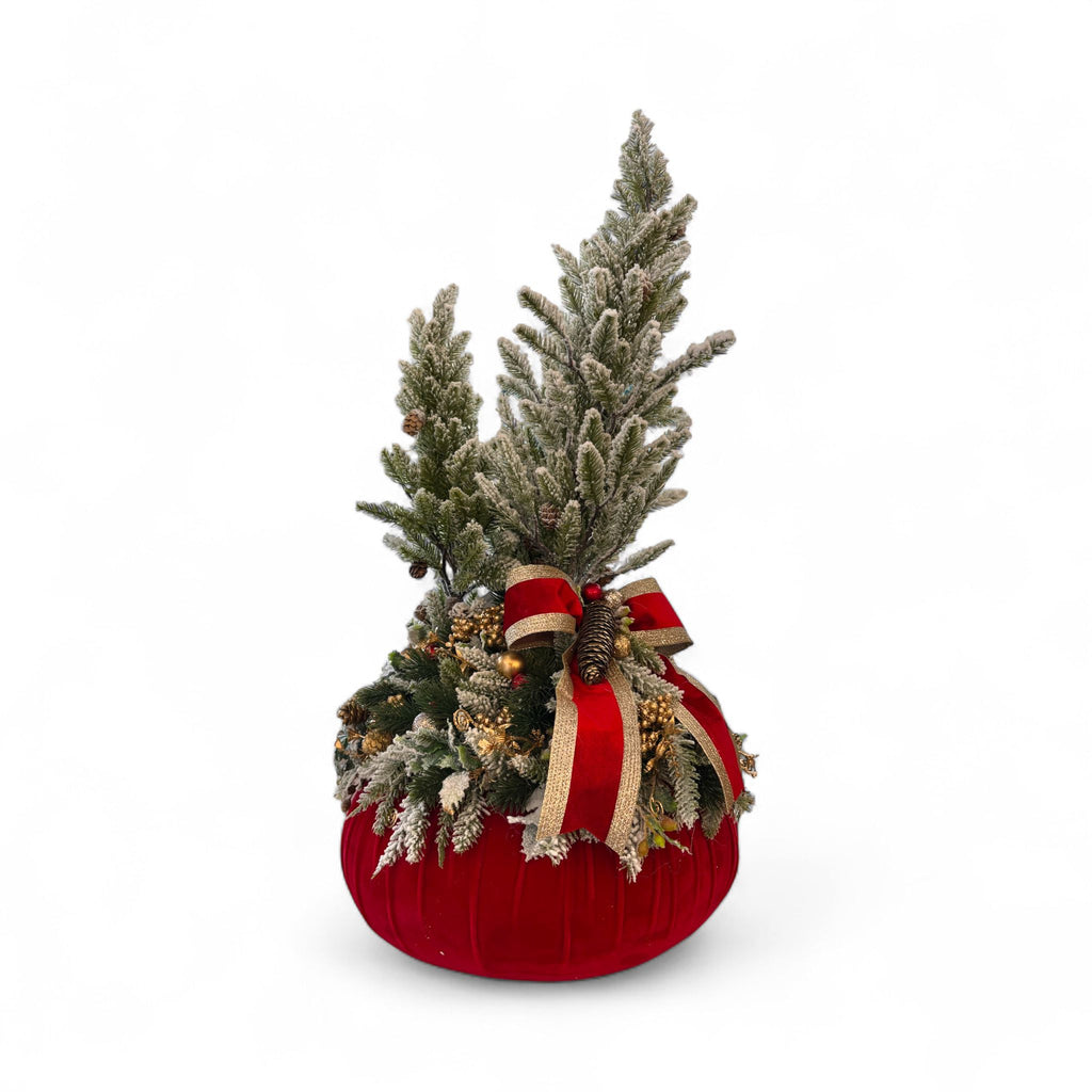 Pouf  in Velluto Rosso con Alberello Innevato e  Renna 70 cm - Fiori di Lena
