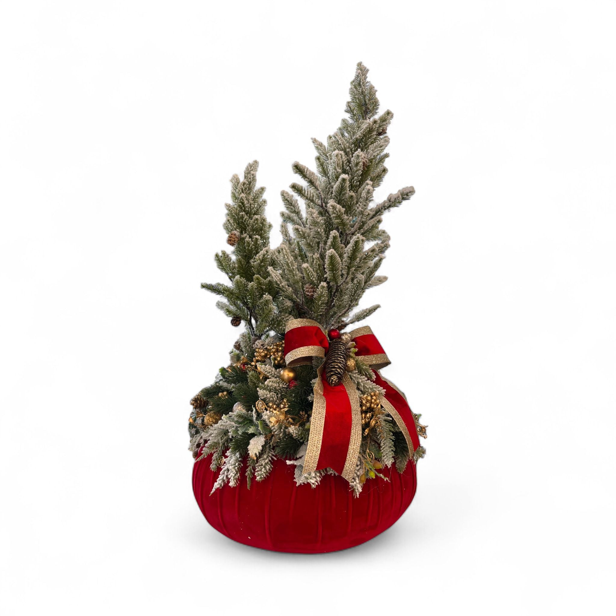 Pouf  in Velluto Rosso con Alberello Innevato e  Renna 70 cm - Fiori di Lena