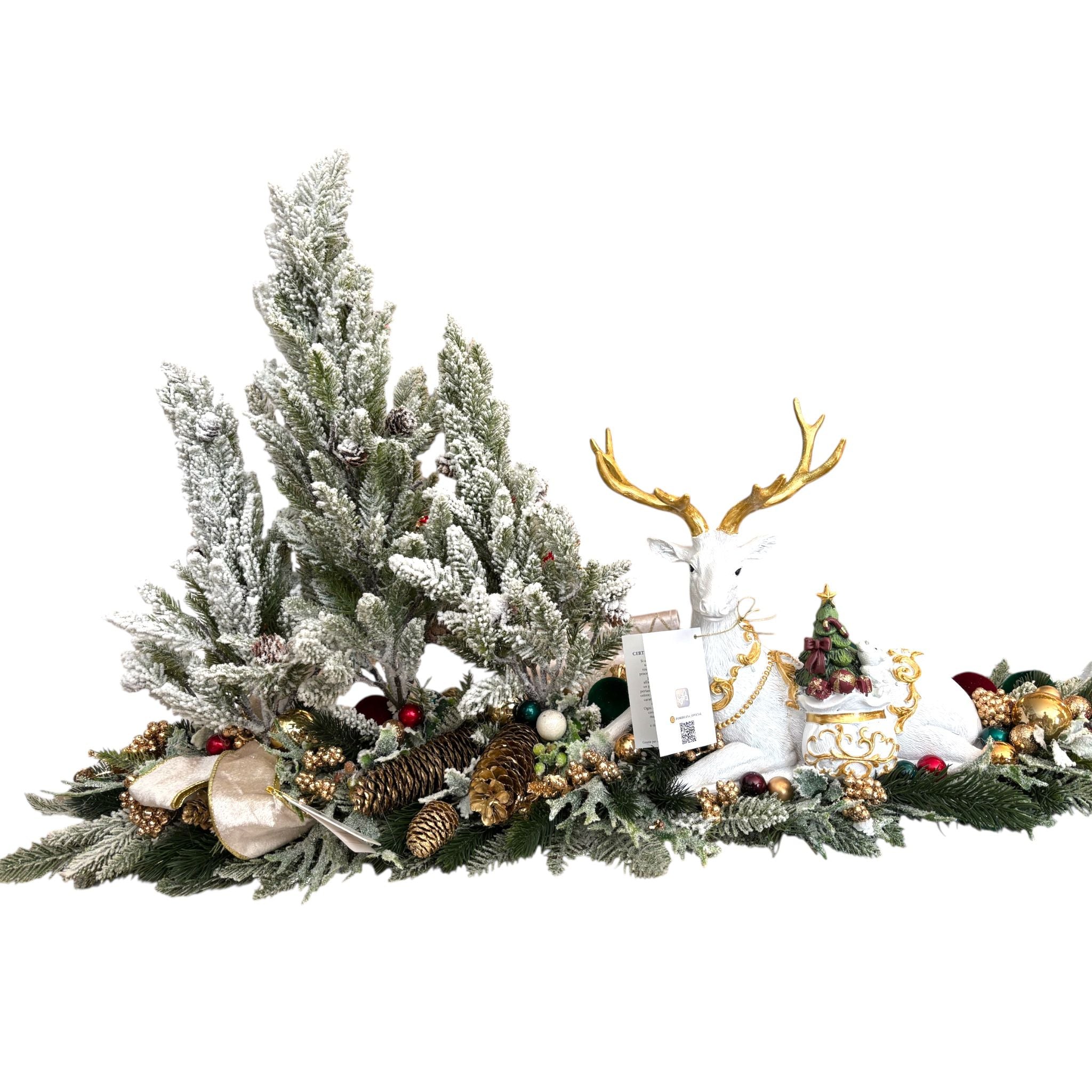 Centrotavola con Albero in PE Innevato e Renna Bianca 100x55 cm - Fiori di Lena