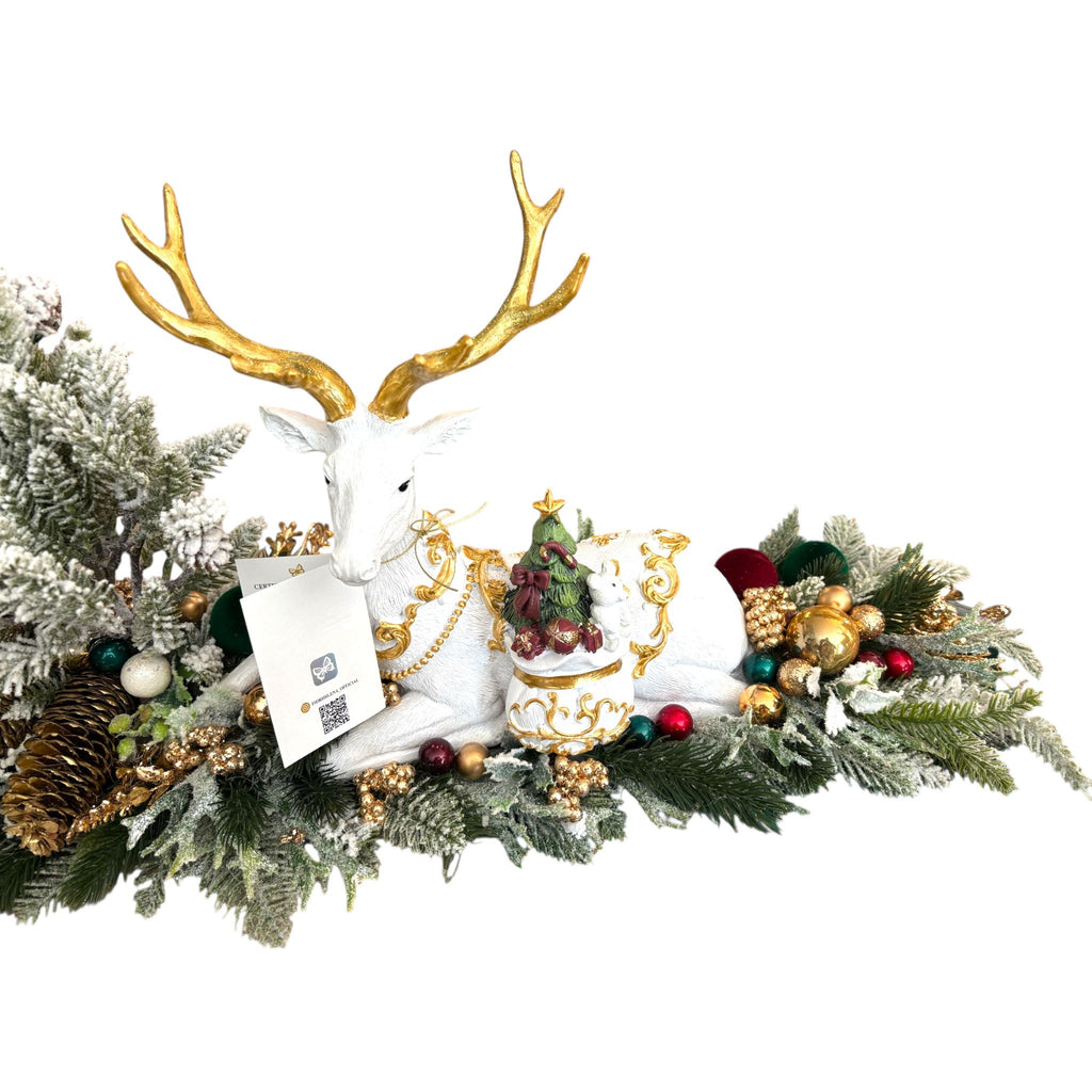 Centrotavola con Albero in PE Innevato e Renna Bianca 100x55 cm - Fiori di Lena