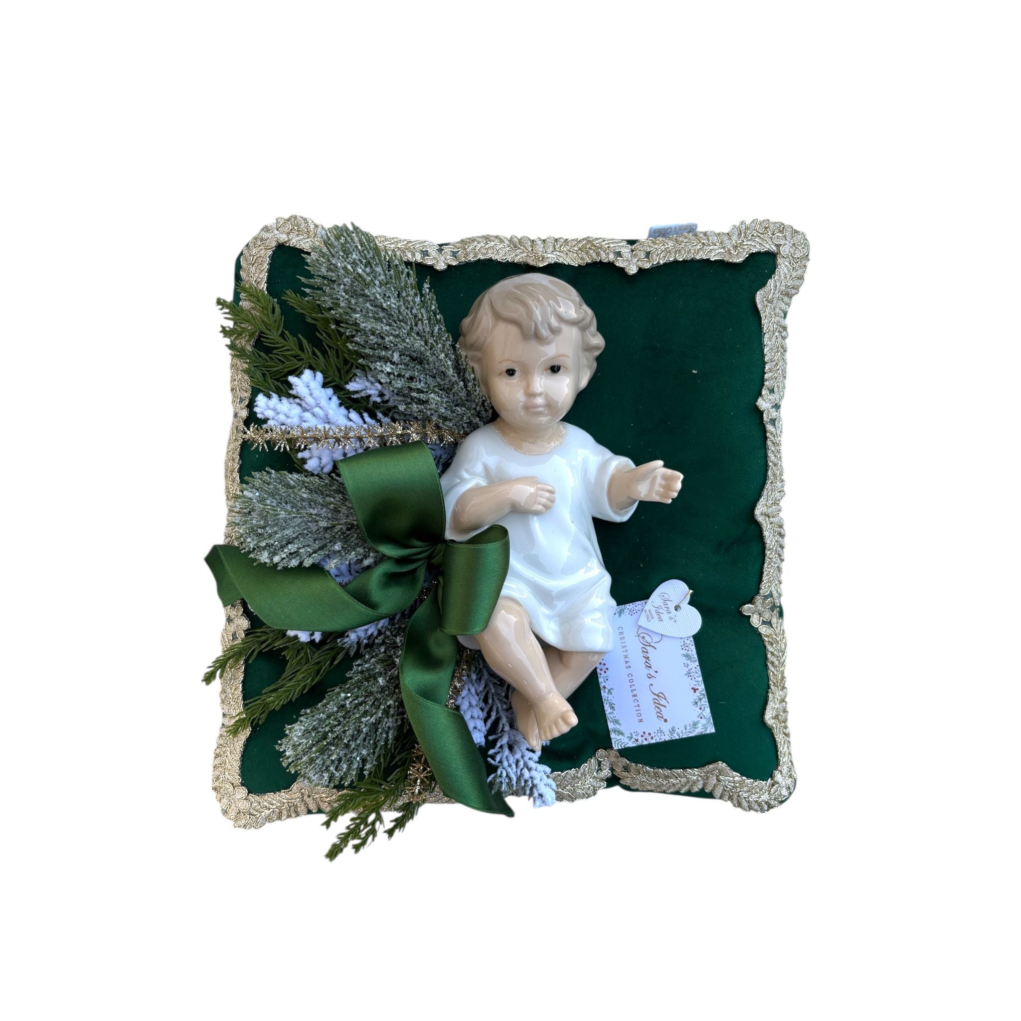 Cuscino Artigianale in Velluto Verde con Bambinello in Porcellana 35×35 cm - Sara's Idea