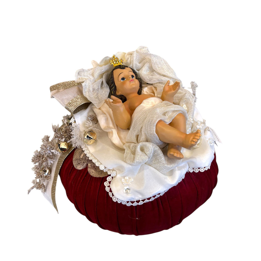 Pouf in Seta Rosso con Gesù Bambino Artigianale - Fiori di Lena