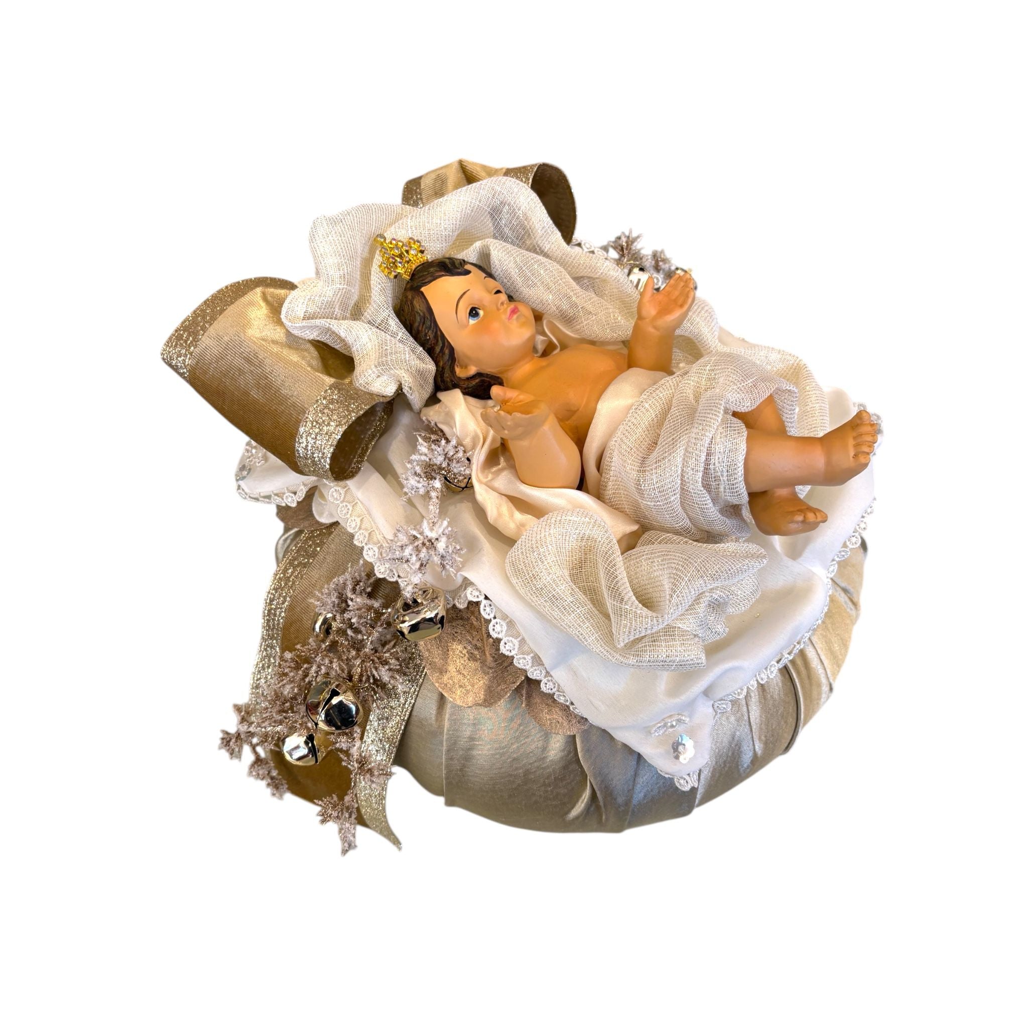 Pouf in Seta Oro con Gesù Bambino Artigianale - Fiori di Lena