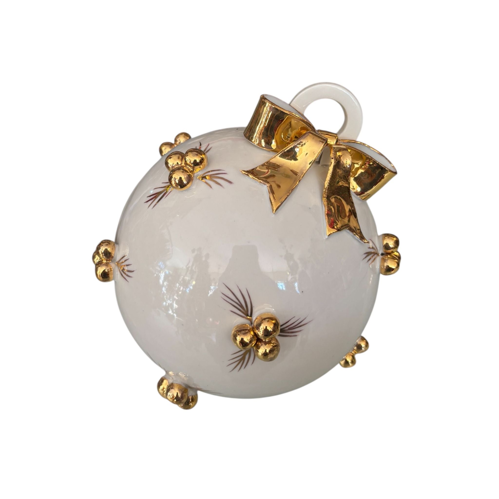 Sfera Natalizia in Ceramica Bianca con Fiocco Oro 20×20 cm - Sbordone