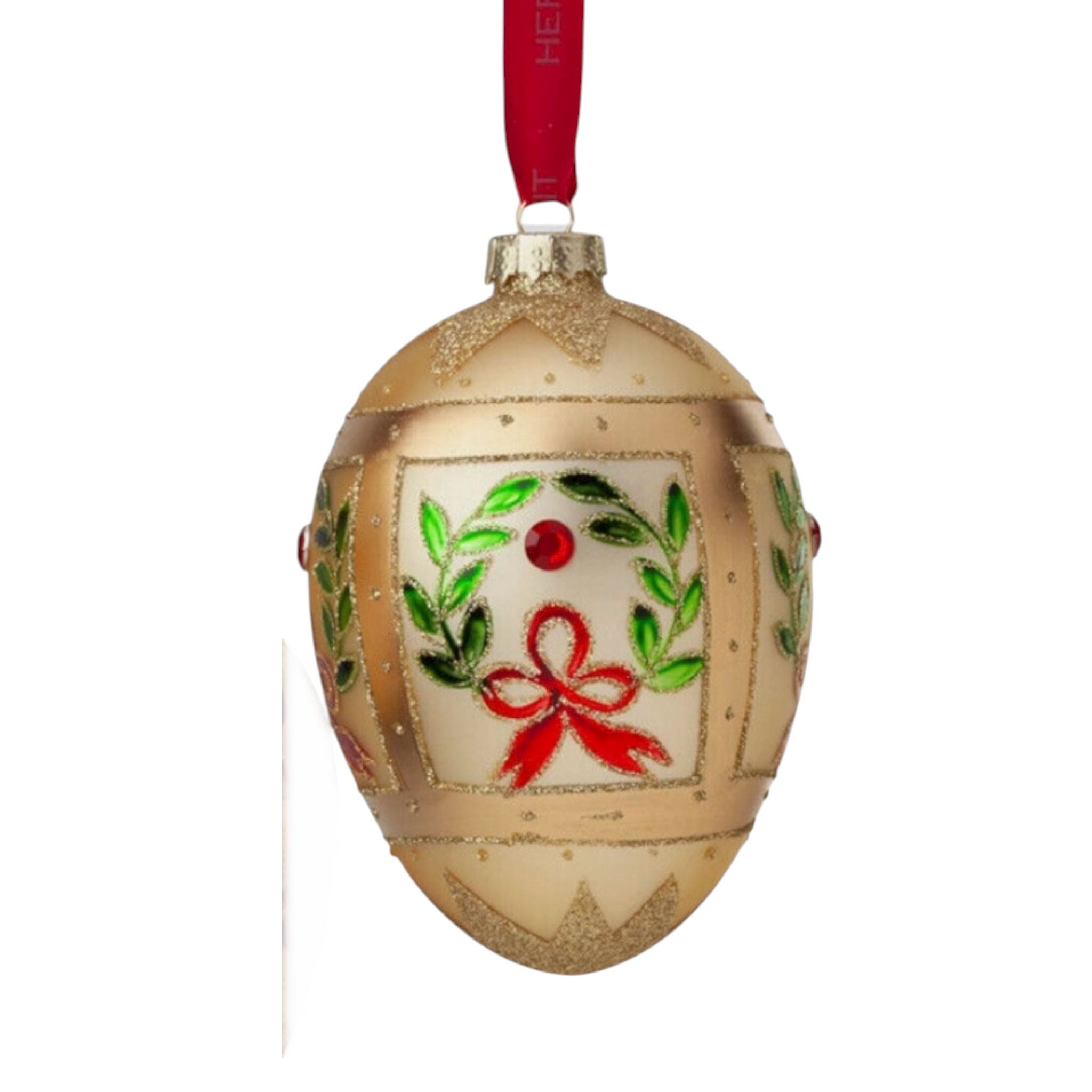 Decorazione Albero a Forma di Uovo in Vetro Oro con Dettagli Verdi e Rossi - Hervit