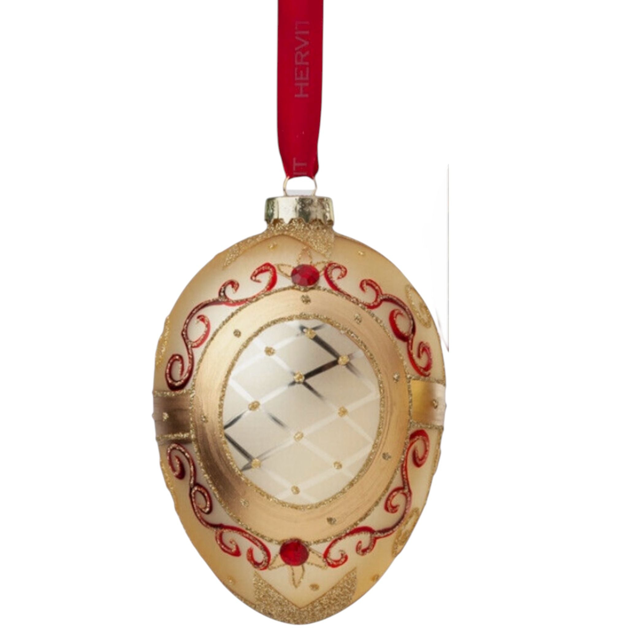 Decorazione Albero a Forma di Uovo in Vetro Oro con Dettagli Verdi e Rossi - Hervit