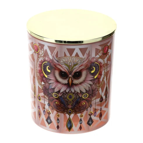 Candela Profumata Oud in Vetro con Decori Assortiti e Tappo Oro Ø9x10 cm 300 g - Hervit