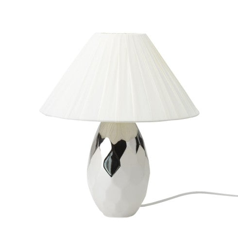 Lampada in Gres Esagonale Bianco e Argento con Cappello Plissettato