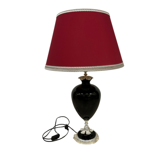 Lampada da Tavolo con Base in Vetro Nero e Paralume Rosso