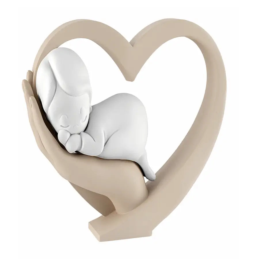 Scultura di Bimbo su Mano e Cuore Nocciola 13x11 cm - Bongelli Preziosi