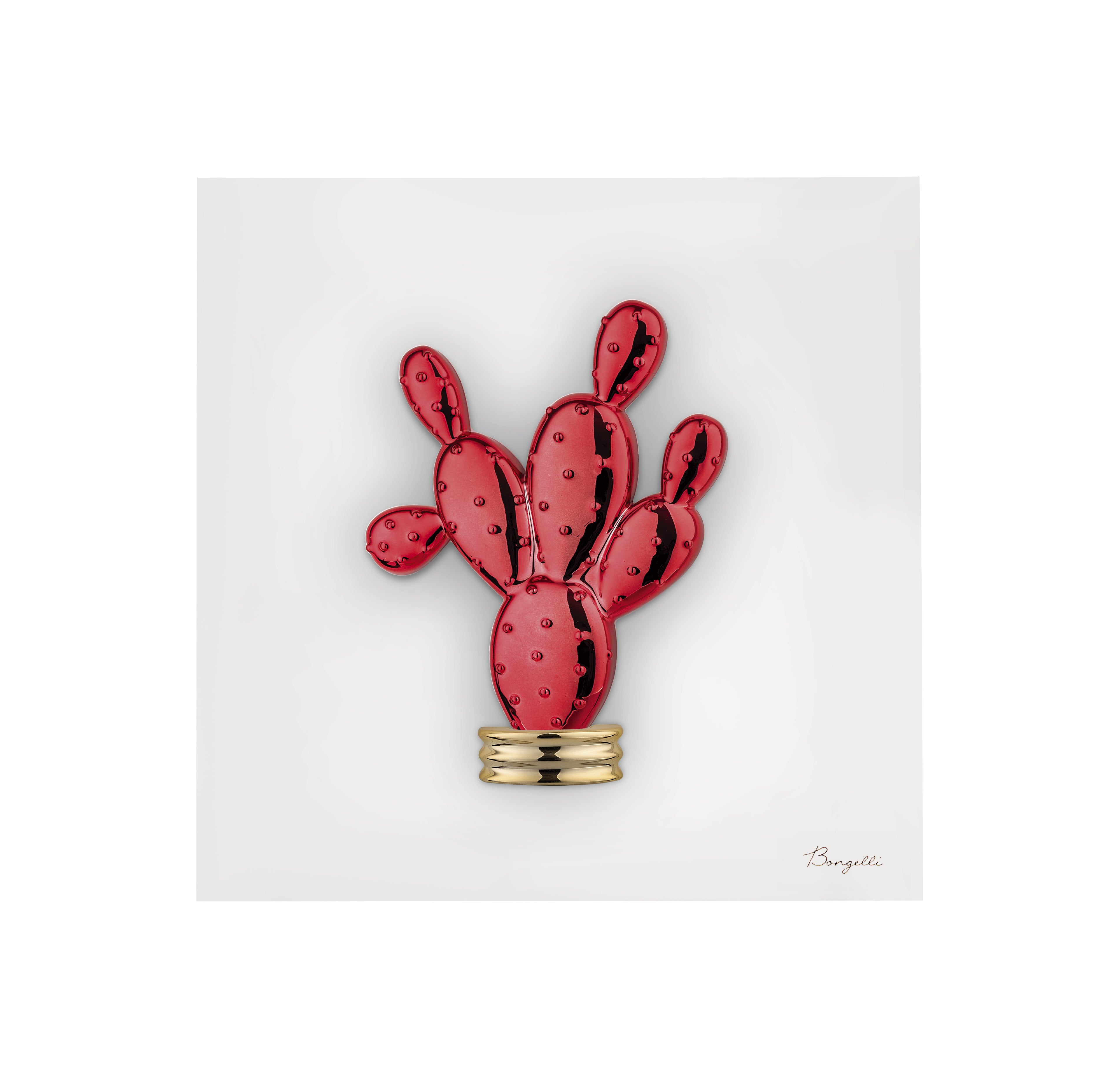 Quadretto in Marmorino Bianco con Cactus 3D Rosso Lucido 16x16 cm - Bongelli Preziosi