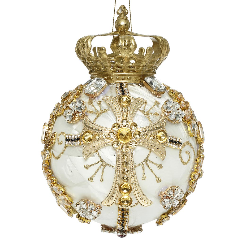 Sfera Numerata in Vetro Avorio con Strass, Perline e Corona Oro 18 cm - Mark Roberts