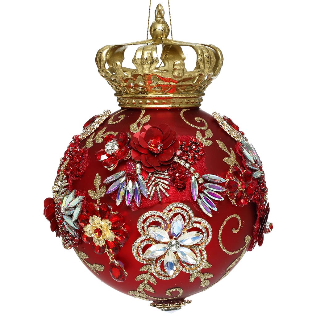 Sfera Numerata in Vetro Rosso Opaco con Strass, Perline e Corona Oro 18 cm - Mark Roberts