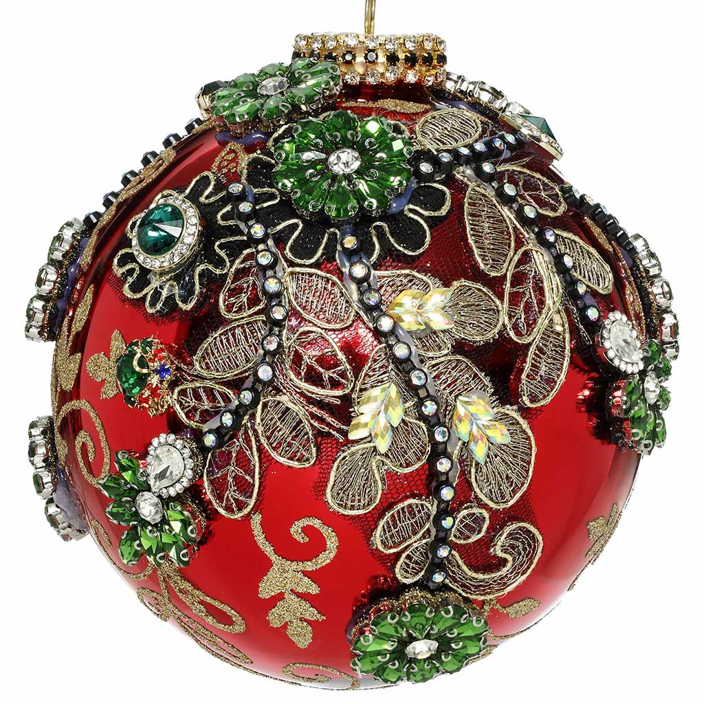 Sfera Numerata in Vetro Rosso con Tessuto Oro, Strass 13 cm - Mark Roberts