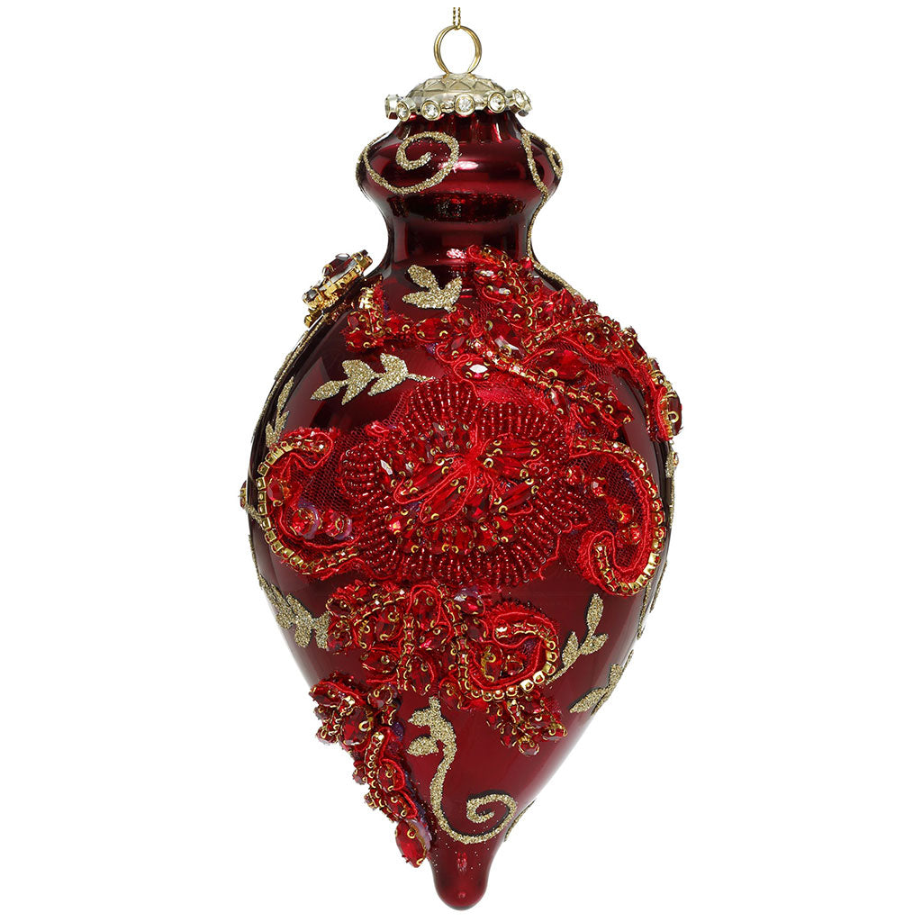 Sfera Ovale Numerata in Vetro Rosso con Tessuto, Paillettes, Strass e Perline 21 cm - Mark Roberts