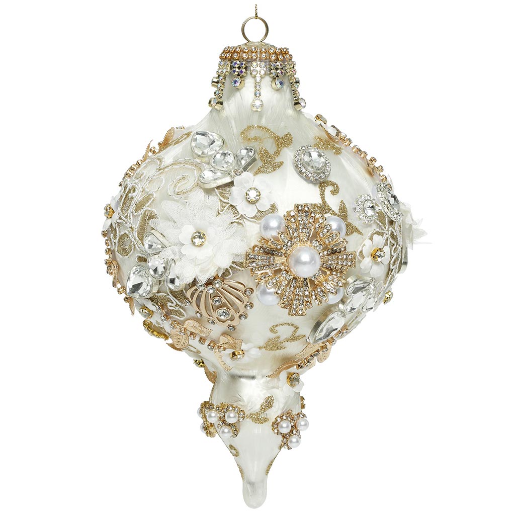 Sfera Ovale Numerata in Vetro Avorio con Tessuto, Paillettes, Strass e Perline 21 cm - Mark Roberts