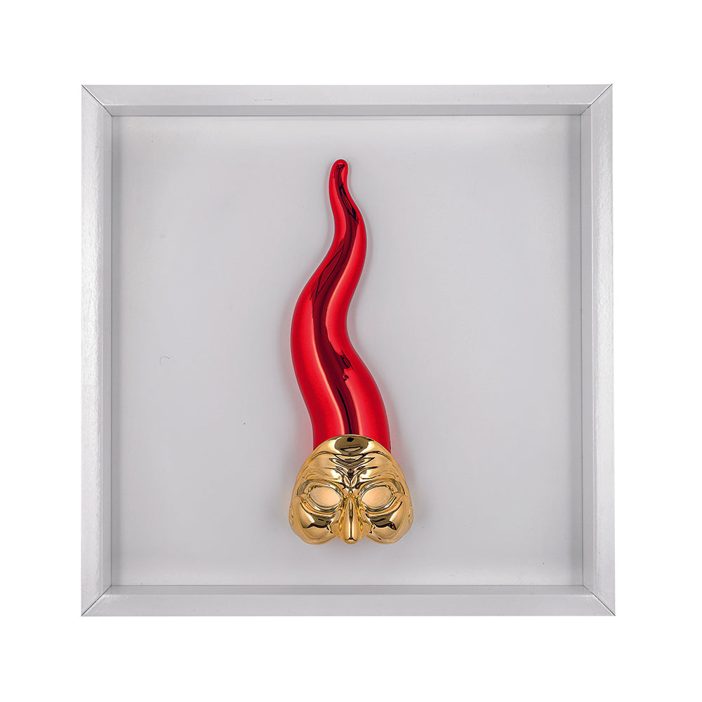 Quadro Bianco con Corno Rosso e Maschera Oro 33x33 cm - Bongelli Preziosi