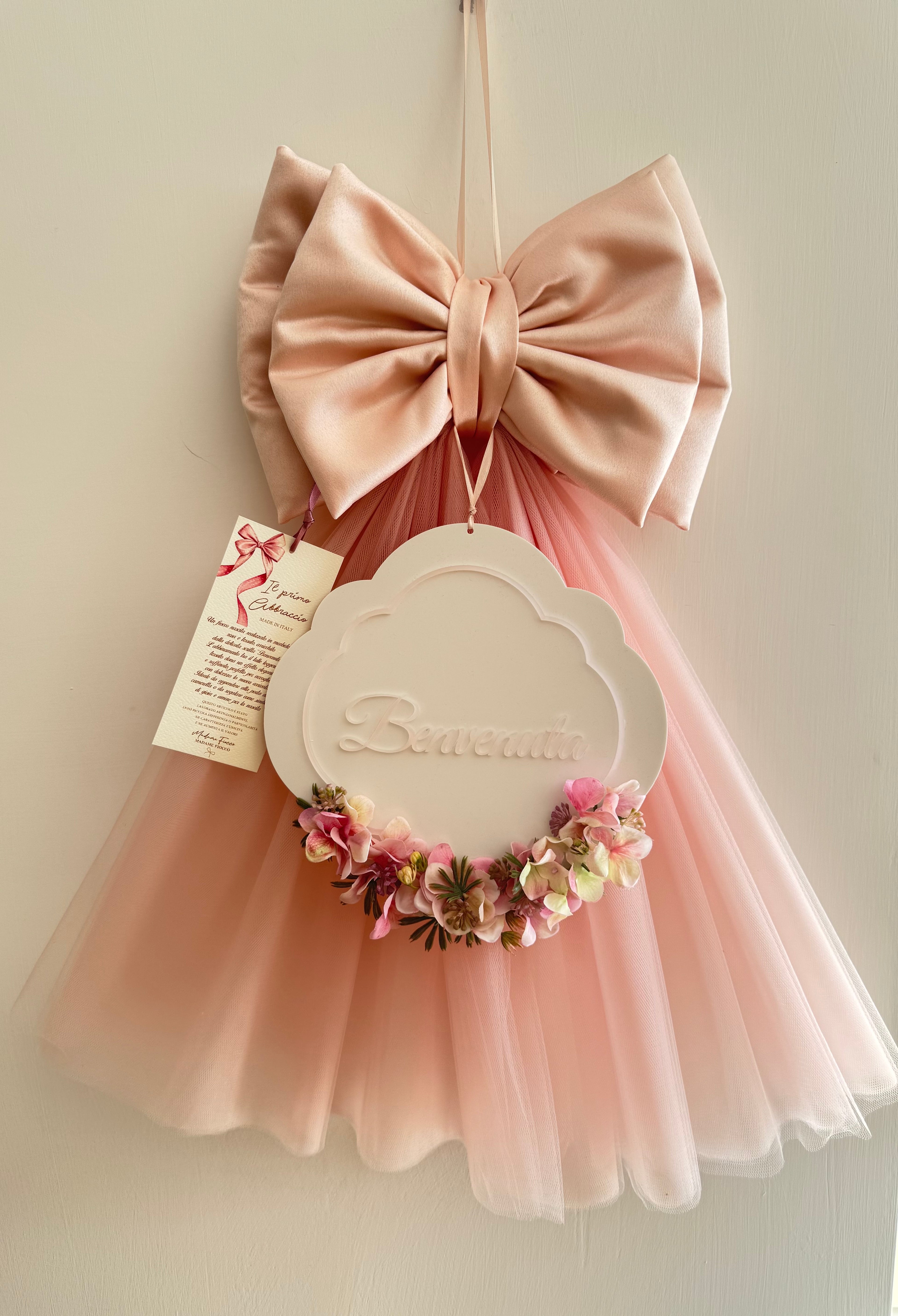 Fiocco Nascita in Tulle Rosa Artigianale 50 h cm - Madame Fioccò