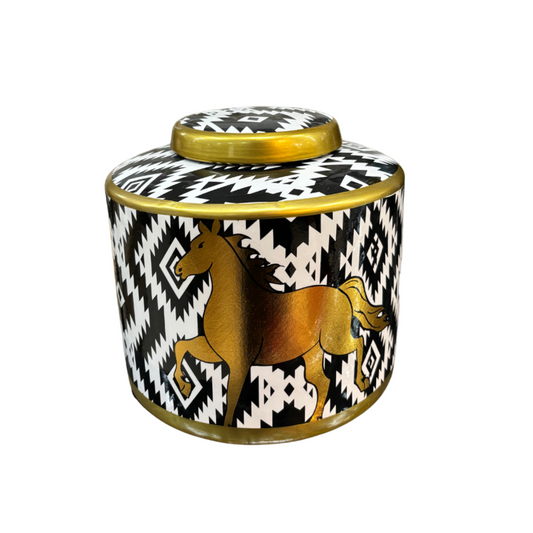 Potiche con Stampa Geometrica e Dettagli Oro con Cavallo