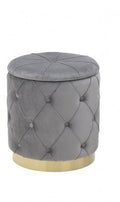 Pouf Contenitore in Velluto Grigio con Bottoni e Base Oro