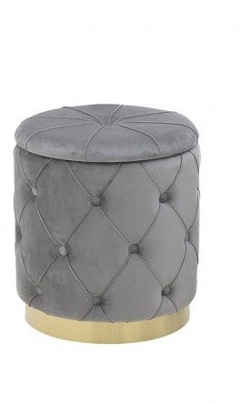 Pouf Contenitore in Velluto Grigio con Bottoni e Base Oro