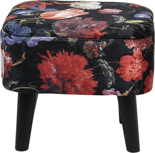 Pouf in Velluto con Fantasia Floreale su Fondo Nero