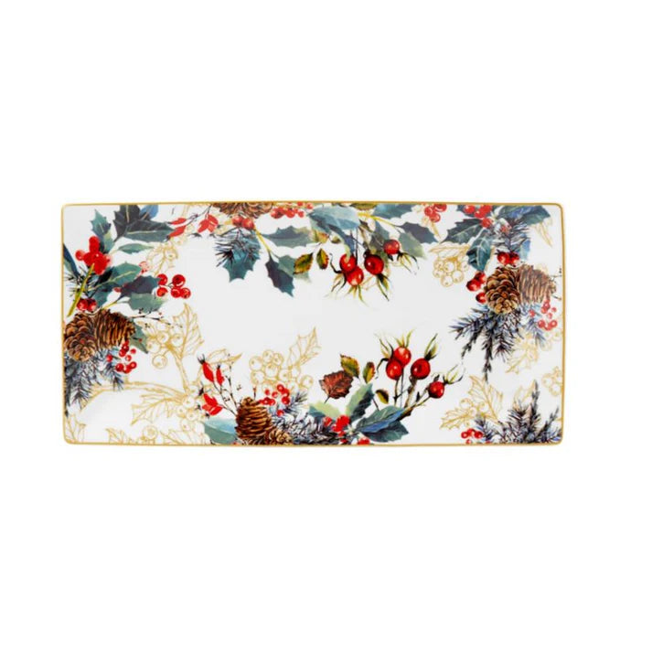 Vassoio Rettangolare con Fantasia Natalizia di Pigne e Bacche 31.5 x 15.5 cm