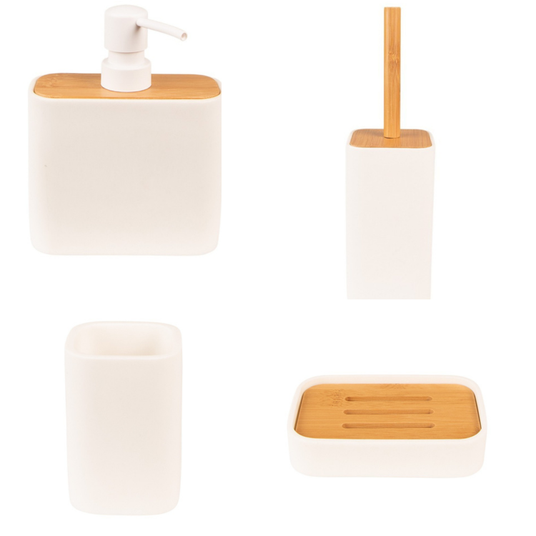 Set da Bagno in Ceramica Bianca e Legno Naturale Quattro Pezzi