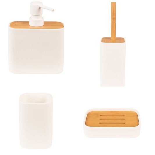 Set da Bagno in Ceramica Bianca e Legno Naturale Quattro Pezzi