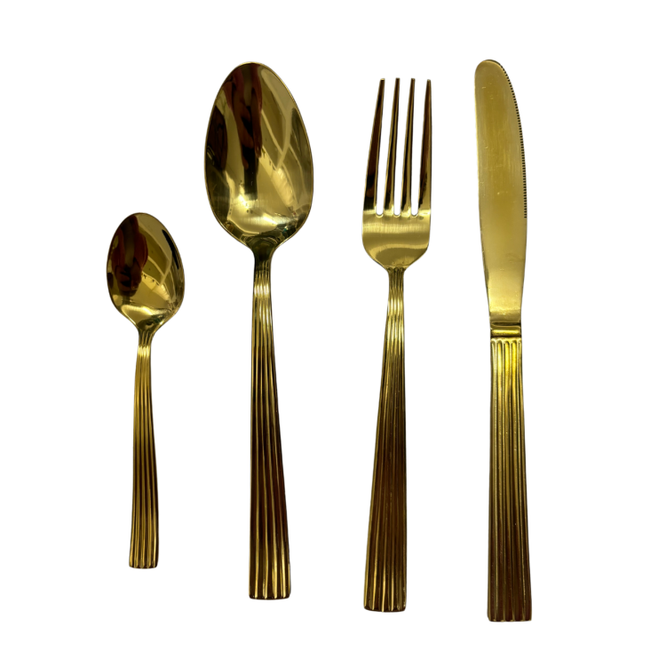 Servizio di Posate in Acciaio Inox Oro con Manico Rigato - 48 Pezzi
