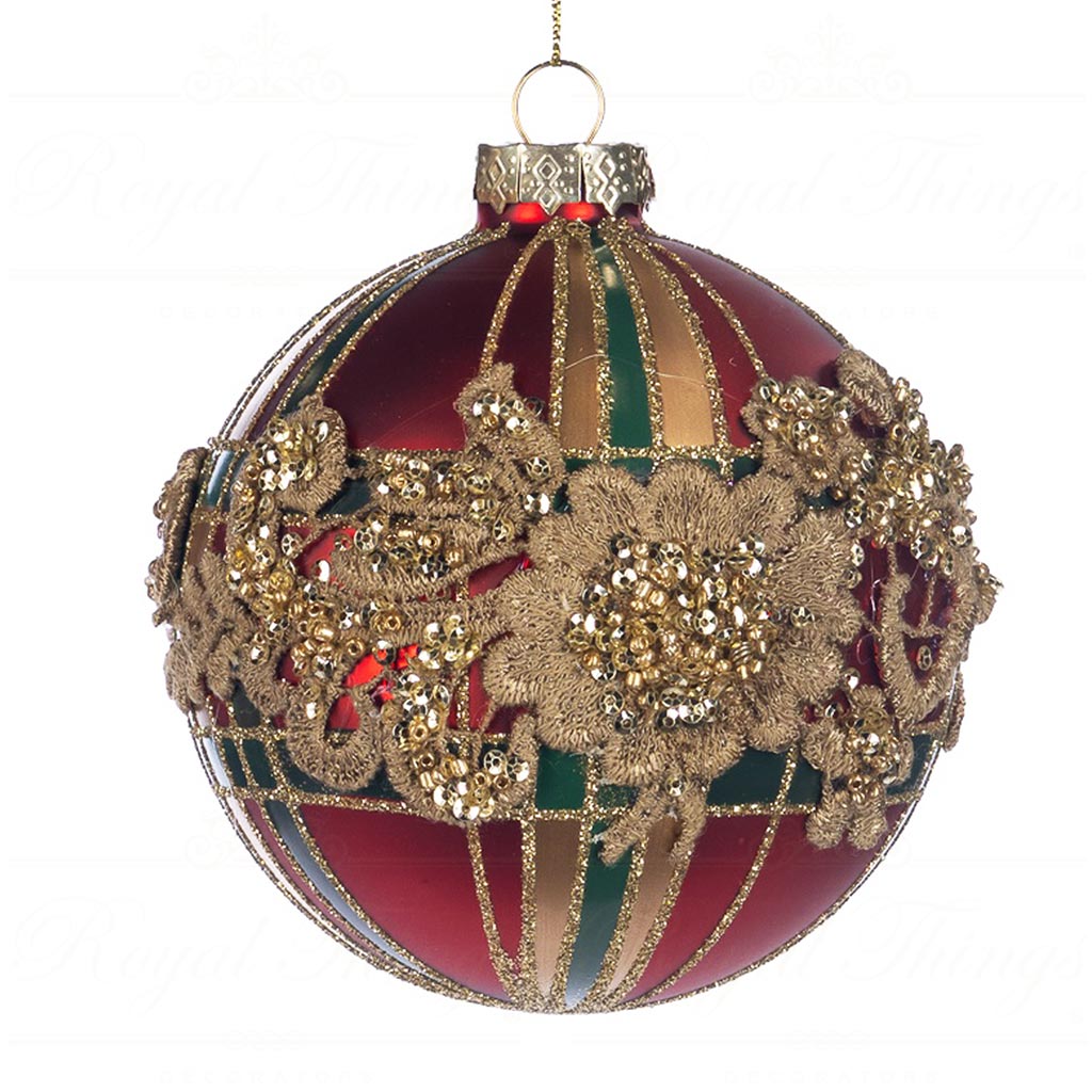 Decorazione  a Sfera in Vetro Tartan con Pizzo Oro 10 cm - Goodwill